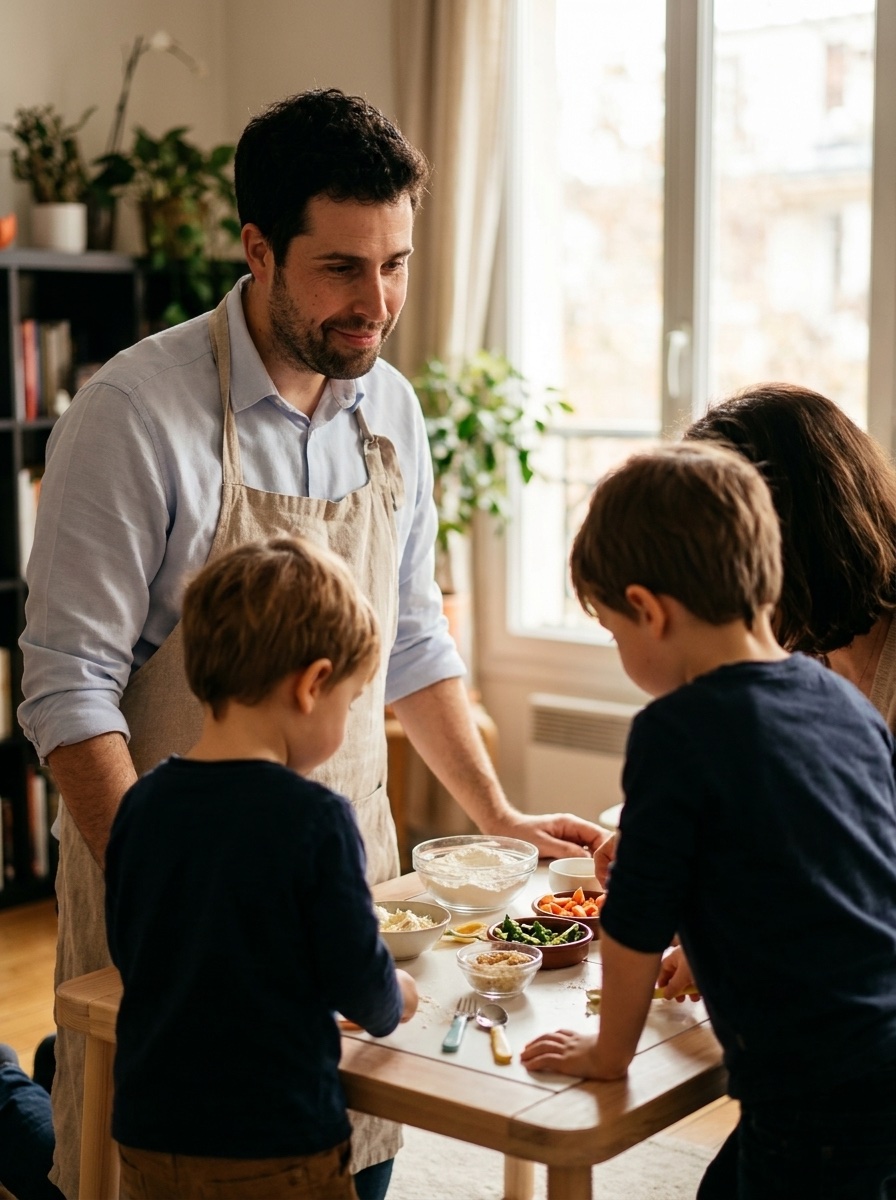 Filipe Viseu na cozinha com os filhos